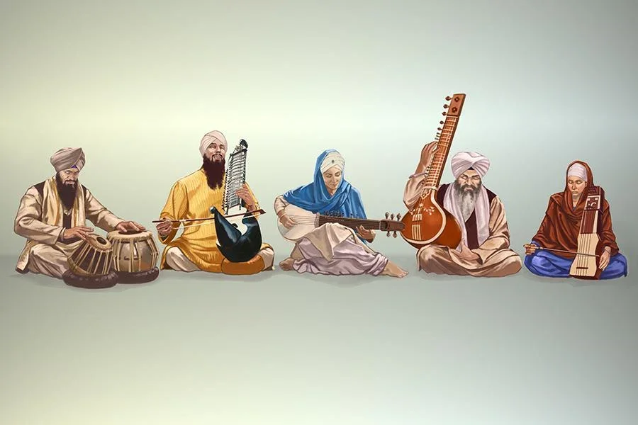 Illustration of musicians performing gurmat sangeet together
